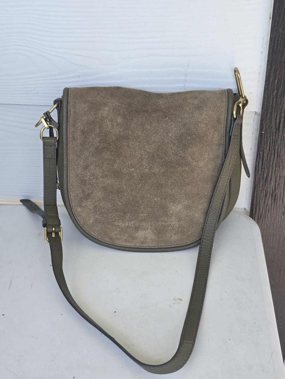Fossil 1954 Olive Green Suede Leather Crossbody Saddle Bag Key Brass Hardware